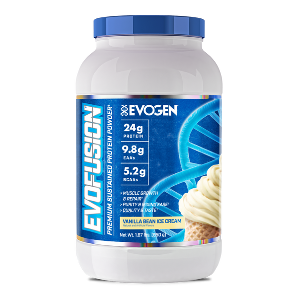 Evogen | Evofusion | Sustained Protein Blend Powder | Vanilla Bean Ice Cream Flavor | Front Image Bottle