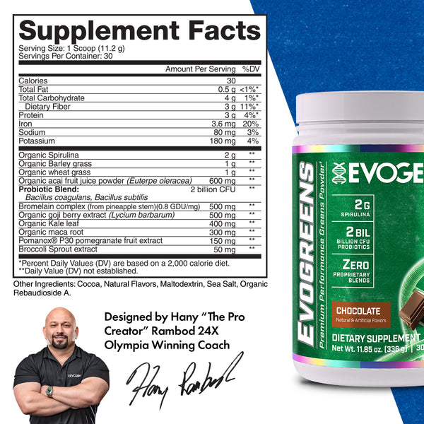 Evogen | Evogreens | Premium Performance Greens Superfood | Chocolate | Supplement Facts