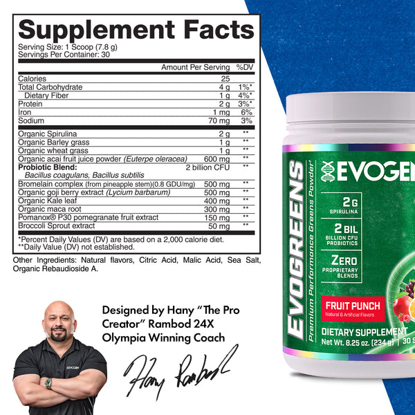 Evogen | Evogreens | Premium Performance Greens Superfood | Fruit Punch | Supplement Facts