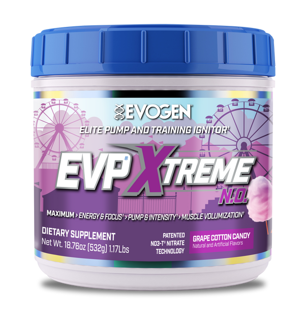 Evogen | EVP Xtreme N.O. | Pre-Workout Powder | Stimulant | Arginine Nitrate | Grape Cotton Candy Flavor | Front Image Bottle