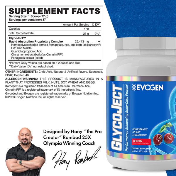 Evogen | GlycoJect | Carbohydrate Endurance Powder | Cherry Flavor | Supplement Facts Panel Image