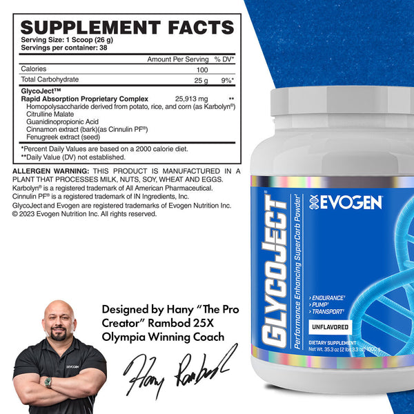 Evogen | GlycoJect | Carbohydrate Endurance Powder | Unflavored | Supplement Facts Panel Image