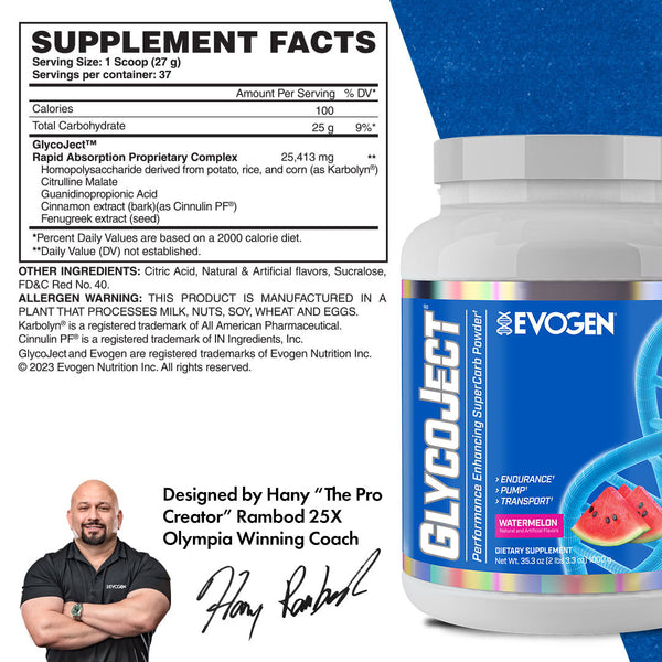 Evogen | GlycoJect | Carbohydrate Endurance Powder | Watermelon Flavor | Supplement Facts Panel Image