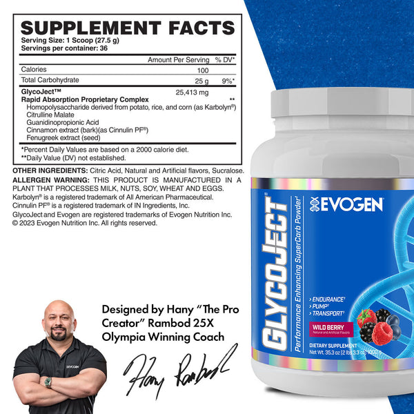 Evogen | GlycoJect | Carbohydrate Endurance Powder | Wild Berry Flavor | Supplement Facts Panel Image