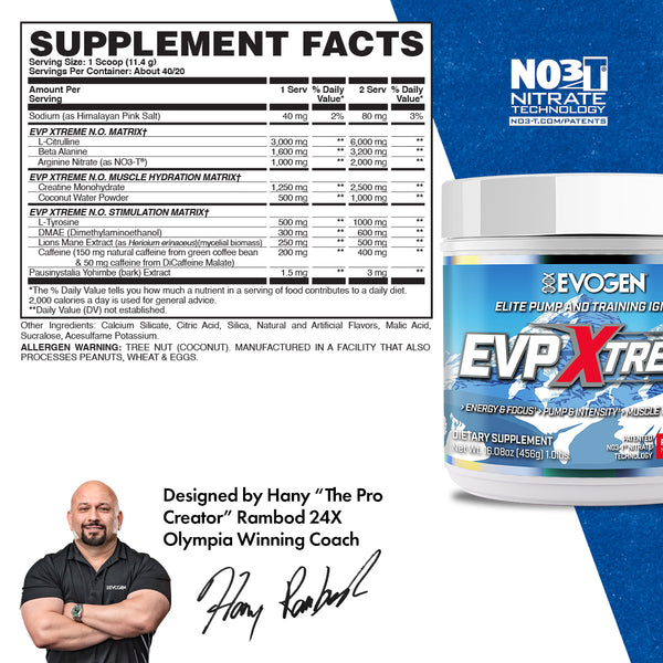 Evogen | EVP Xtreme N.O. | Pre-Workout Powder | Stimulant | Arginine Nitrate | New Polar Cherry Frost Flavor | Supplement Facts Panel Image