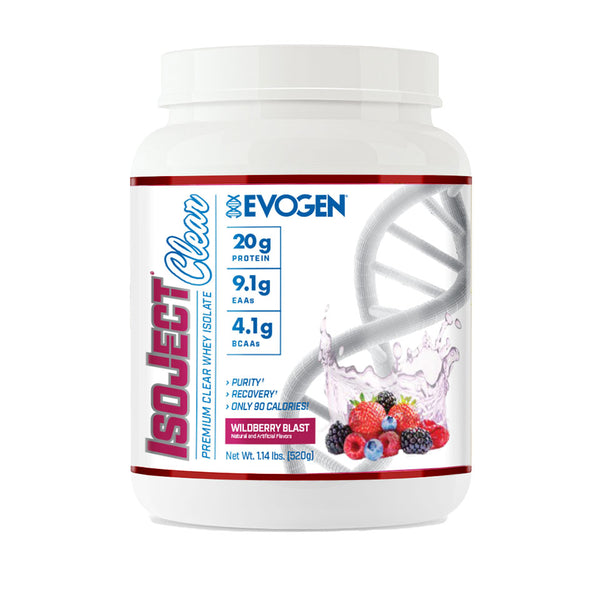Evogen | IsoJect Clear | Whey Isolate Protein Powder| Only 90 Calories | Wildberry Blast Flavor | Front Image Bottle