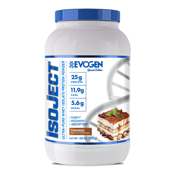 Evogen | IsoJect | Whey Isolate Protein Powder| Tiramisu Flavor | Front Image Bottle