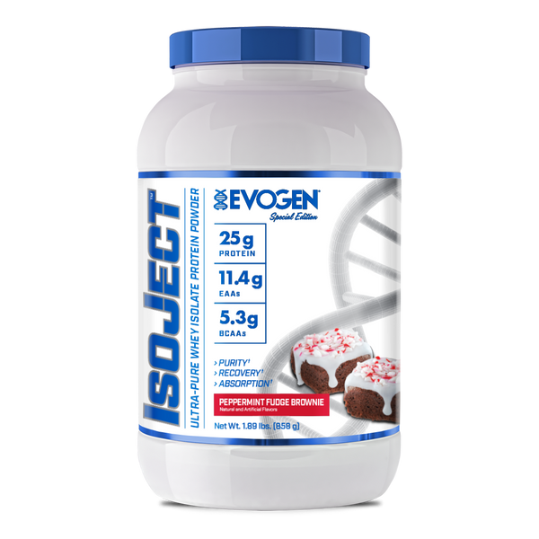 Evogen | IsoJect | Whey Isolate Protein Powder| New Seasonal Flavor | Peppermint Fudge Brownie Flavor | Front Image Bottle