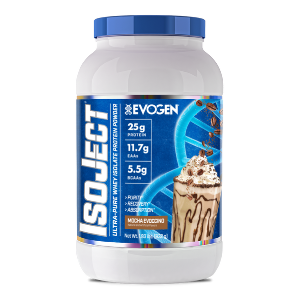Evogen | IsoJect | Whey Isolate Protein Powder| Seasonal Flavor | Mocha Evoccino Flavor | Front Image Bottle