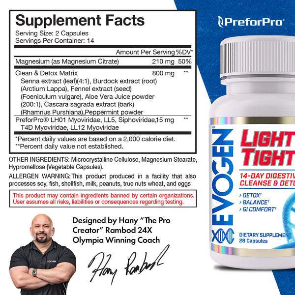 Evogen | Light & Tight | 14 Day Digestive Cleanse & Detox | Capsules | Supplement Facts Panel 