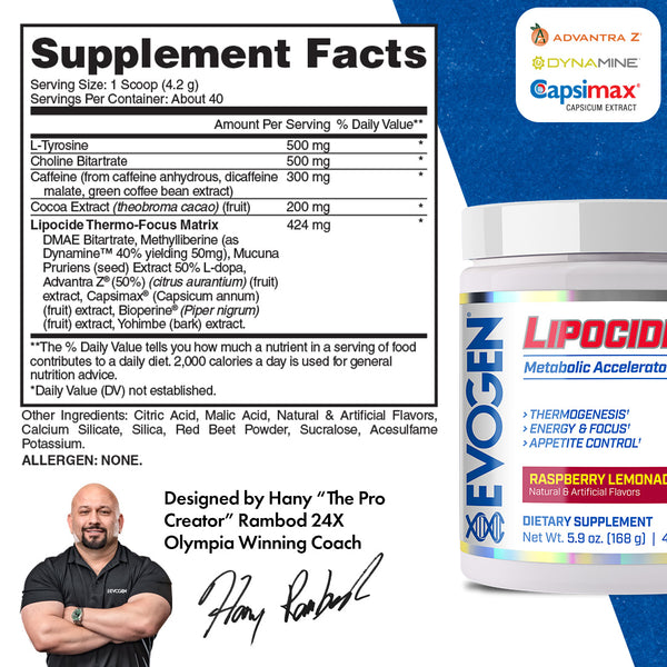 Evogen | Lipocide IR | Metabolic Accelerator Powder | Raspberry Lemonade | Supplement Facts Panel Image