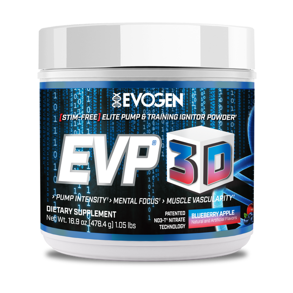 Evogen | EVP-3D | Non-Stimulant Pre-Workout Powder | Blueberry Apple Flavor | Front Image Bottle