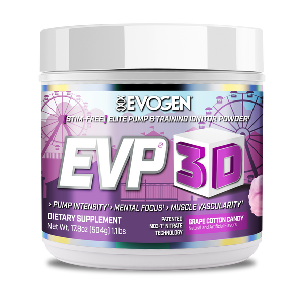 Evogen | EVP-3D | Non-Stimulant Pre-Workout Powder | Grape Cotton Candy Flavor | Front Image Bottle