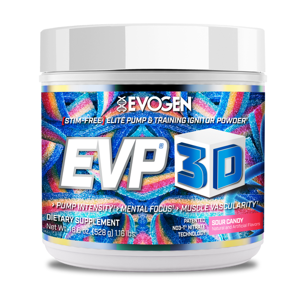Evogen | EVP-3D | Non-Stimulant Pre-Workout Powder | Sour Candy Flavor | Front Image Bottle