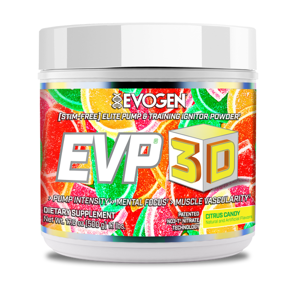 Evogen | EVP-3D | Non-Stimulant Pre-Workout Powder | Citrus Candy Flavor | Front Image Bottle 