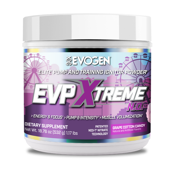 Evogen | EVP Xtreme N.O. | Pre-Workout Powder | Stimulant | Arginine Nitrate | Grape Cotton Candy Flavor | Front Image Bottle