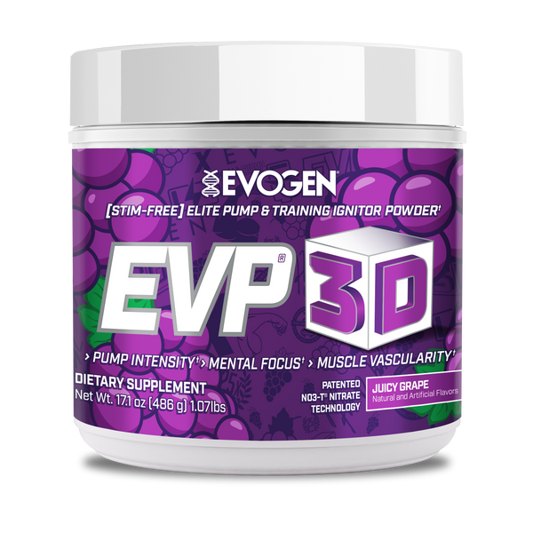 Evogen | EVP-3D | Non-Stimulant Pre-Workout Powder | Juicy Grape Flavor | Front Image Bottle