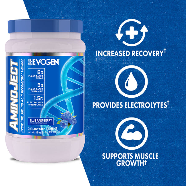Evogen | AminoJect | Premium Amino Acid Accelerator Powder | Blue Raspberry Flavor | Max Claims
