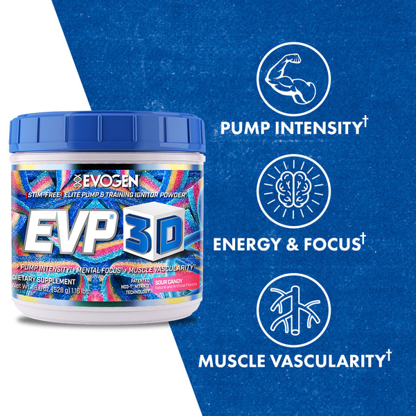 Evogen | EVP-3D | Non-Stimulant Pre-Workout Powder | Sour Candy Flavor | Product Call Outs