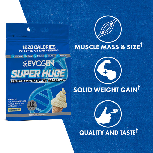 Evogen | Super Huge | Mass Gainer | Vanilla Ice Cream | Product Call Outs