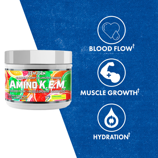 Evogen | Amino K.E.M. | Elite EAA Pump Volumizer Powder | Citrus Candy | Product Call Outs