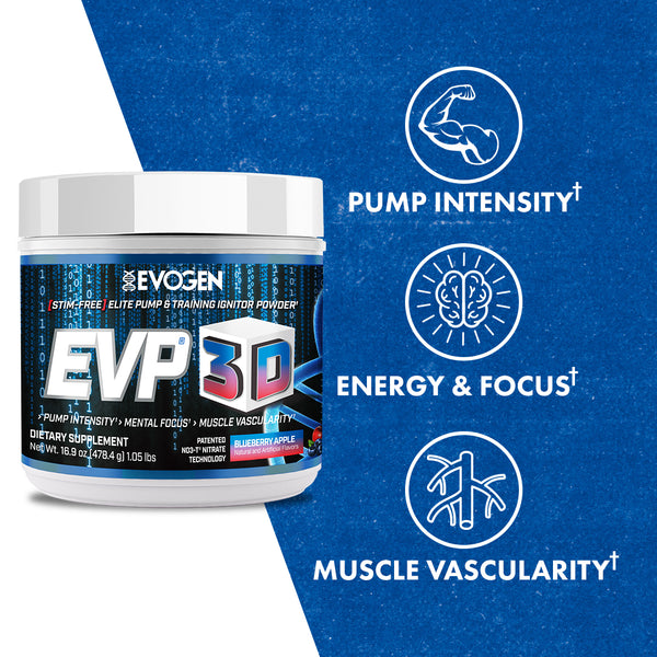 Evogen | EVP-3D | Non-Stimulant Pre-Workout Powder | Blueberry Apple Flavor | Product Call Outs