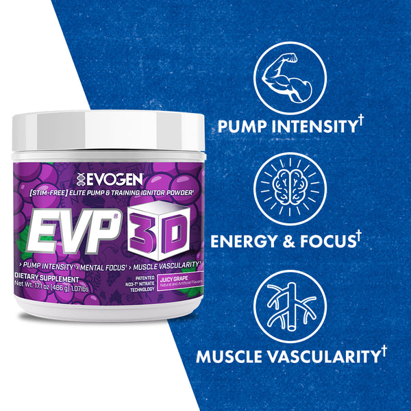 Evogen | EVP-3D | Non-Stimulant Pre-Workout Powder | Juicy Grape Flavor | Product Call Outs