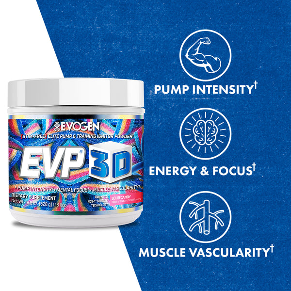 Evogen | EVP-3D | Non-Stimulant Pre-Workout Powder | Sour Candy Flavor | Product Call Outs
