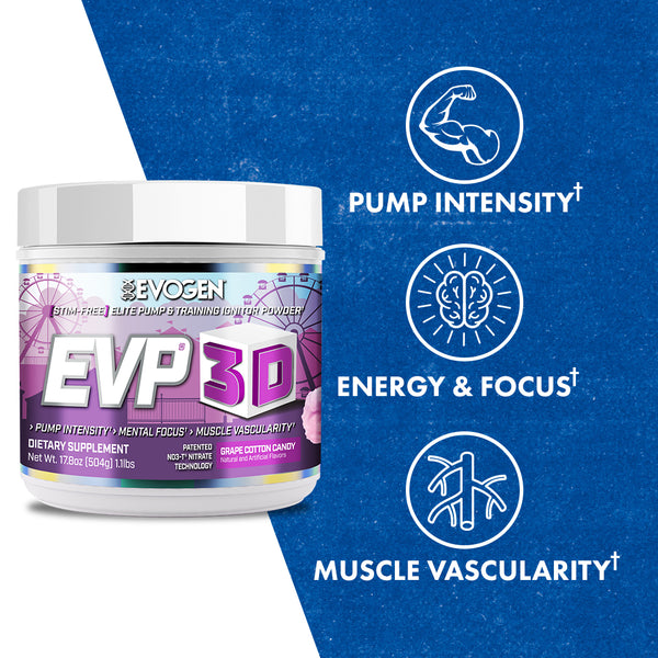 Evogen | EVP-3D | Non-Stimulant Pre-Workout Powder | Grape Cotton Candy Flavor | Product Call Outs