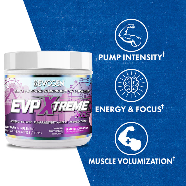 Evogen | EVP Xtreme N.O. | Pre-Workout Powder | Stimulant | Arginine Nitrate | Grape Cotton Candy Flavor | Product Call Outs