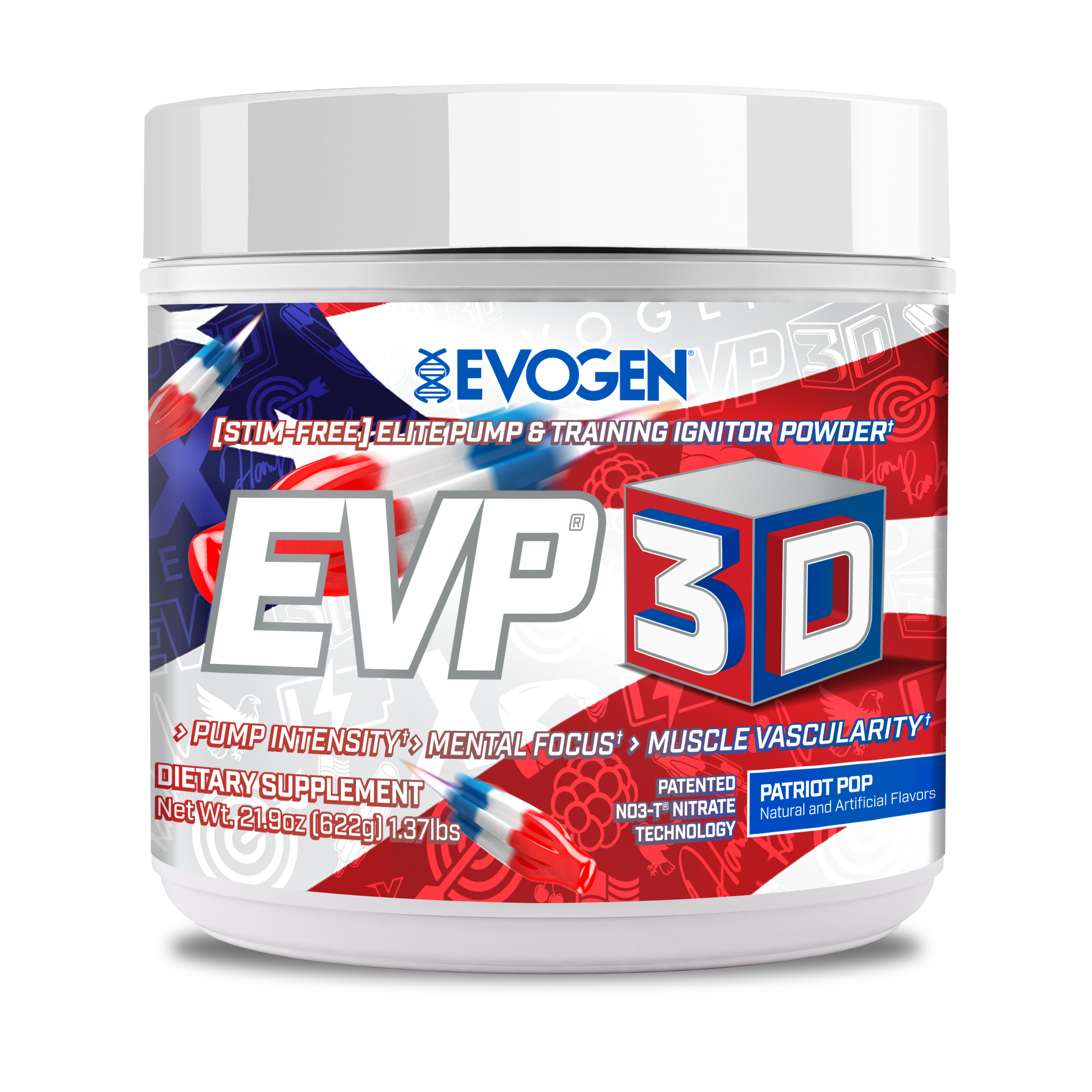 #flavor_patriot pop | Front view of EVP-3D Non-Stim Pre-Workout Patriot Pop | EVP-3D Non-Stim Pre-Workout Patriot Pop | 30 servings