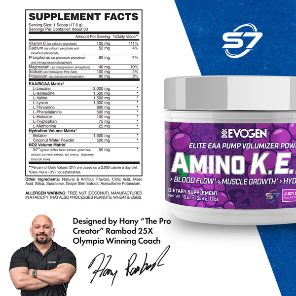 Evogen | Amino K.E.M. | Elite EAA Pump Volumizer Powder | Juicy Grape Flavor | Supplement Facts Panel