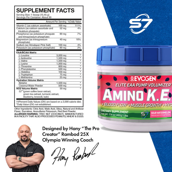 Evogen | Amino K.E.M. | Elite EAA Pump Volumizer Powder | Sour Watermelon Flavor | Supplement Facts Panel Image