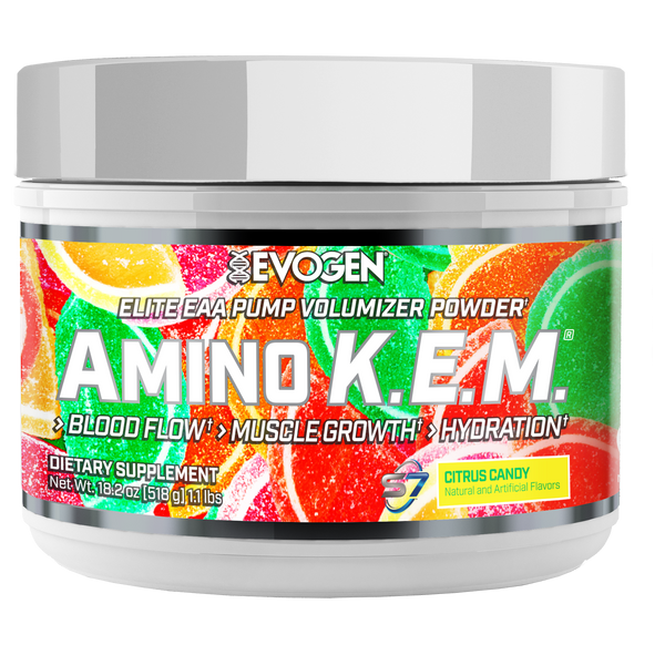 Evogen | Amino K.E.M. | Elite EAA Pump Volumizer Powder | Citrus Candy | Front Image Bottle