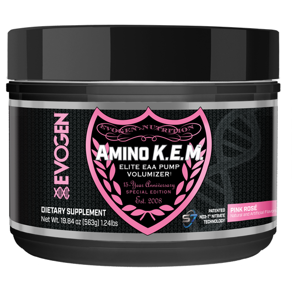 Evogen | Amino K.E.M. | Elite EAA Pump Volumizer Powder | Limited Edition 15-year Anniversary Flavor | Pink Rose' Flavor | Front Image Bottle