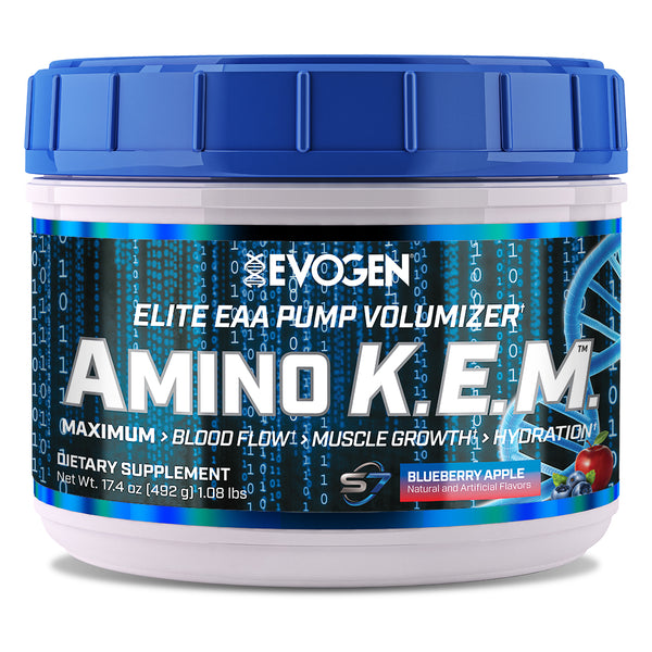 Evogen | Amino K.E.M. | Elite EAA Pump Volumizer Powder | Blueberry Apple Flavor | Front Image Bottle