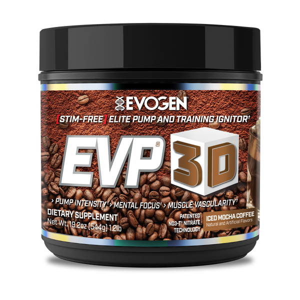 Evogen | EVP-3D | Non-Stimulant Pre-Workout Powder | Iced Mocha Coffee Flavor | Front Image Bottle