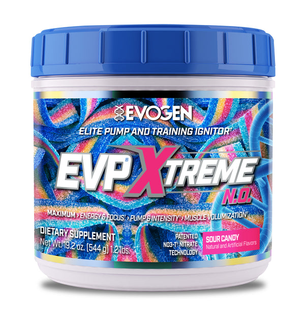 Evogen | EVP Xtreme N.O. | Pre-Workout Powder | Stimulant | Arginine Nitrate | Sour Candy Flavor | Front Image Bottle