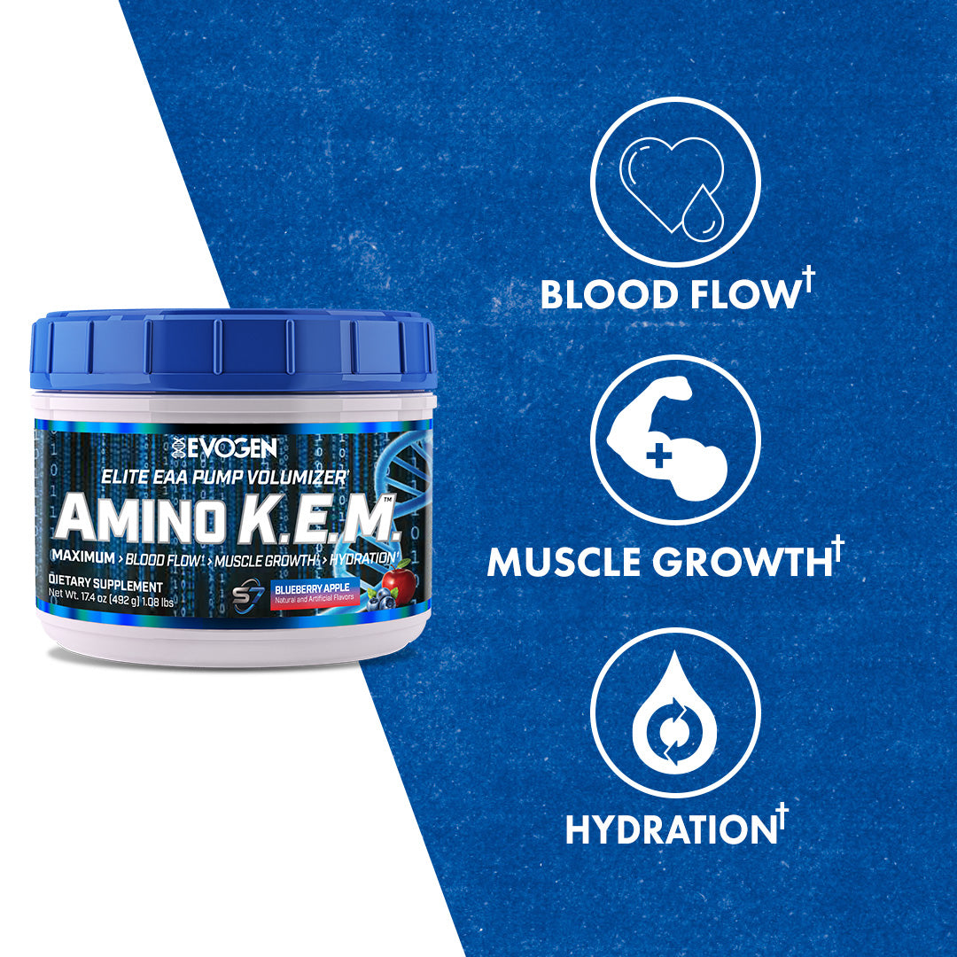 Evogen | Amino K.E.M. | Elite EAA Pump Volumizer | Blueberry Apple | Max Claims